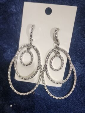 Sparkling Silver Toned Triple-Hoop Crystal Drop Earrings - Unbranded